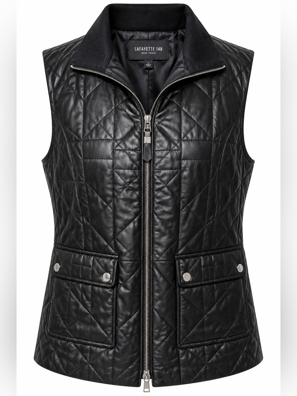 Lafayette 148 NY Black Quilted Leather Vest L Beaded Pull Quiet Luxury Moto Chic